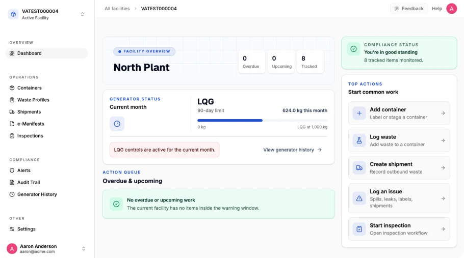 RCRAReady Hazardous Waste Compliance Platform Desktop Dashboard
