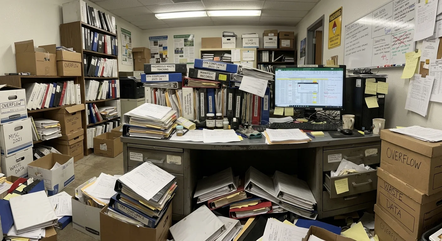 Cluttered hazardous waste compliance office filled with paper records, binders, archive boxes, and spreadsheet tracking